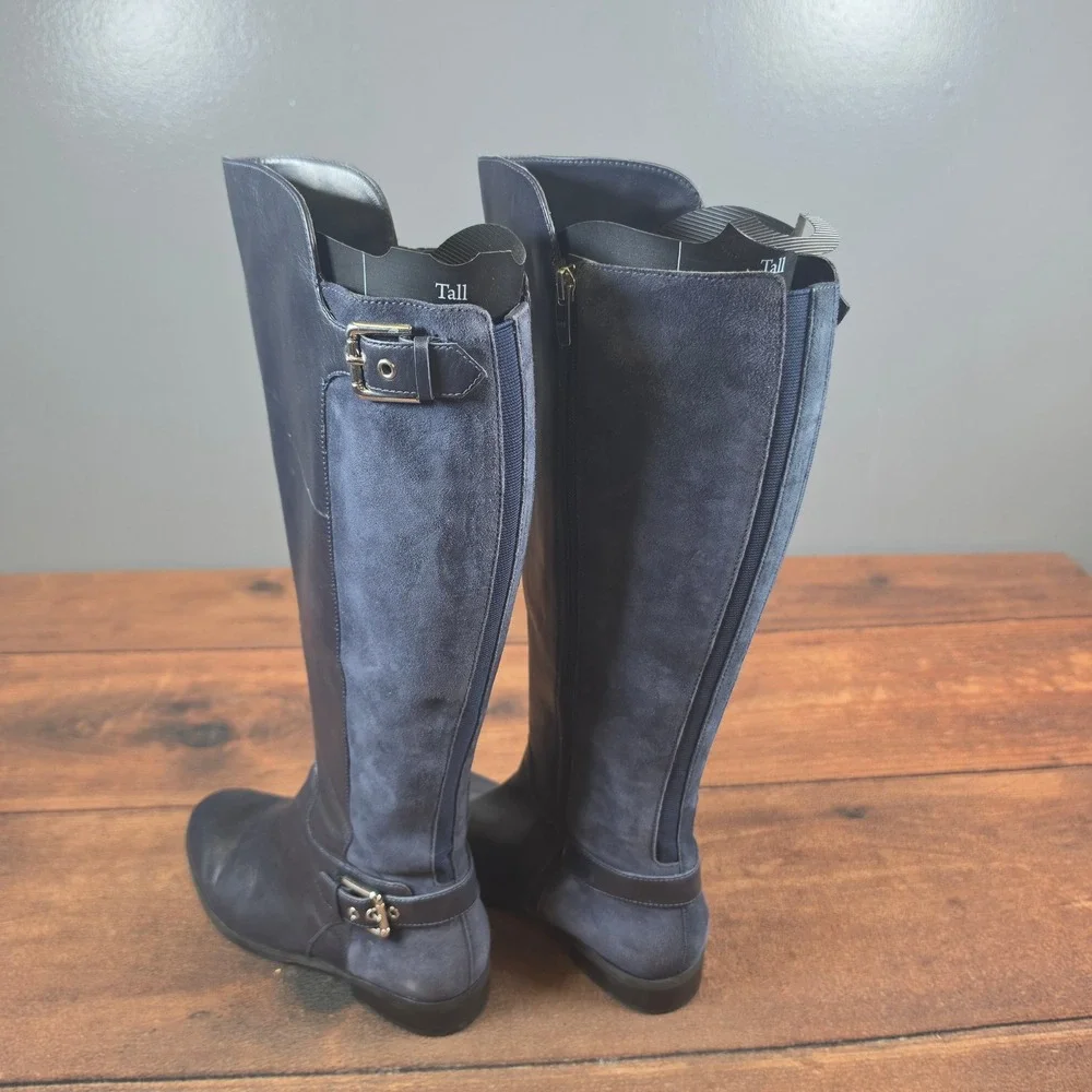 Marc Fisher Riding Boots Women 7W Navy Blue Good Leather Suede Wide Calf A281483